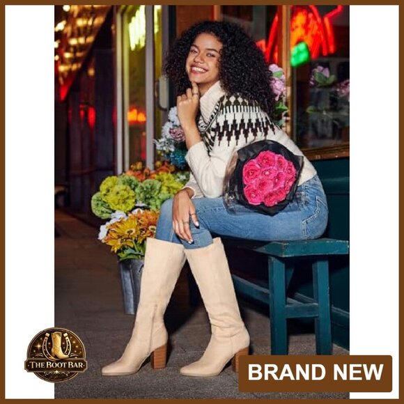 Faux Suede Knee High Boots Side Zipper Chunky Heel Stretch Winter - Picture 3 of 8